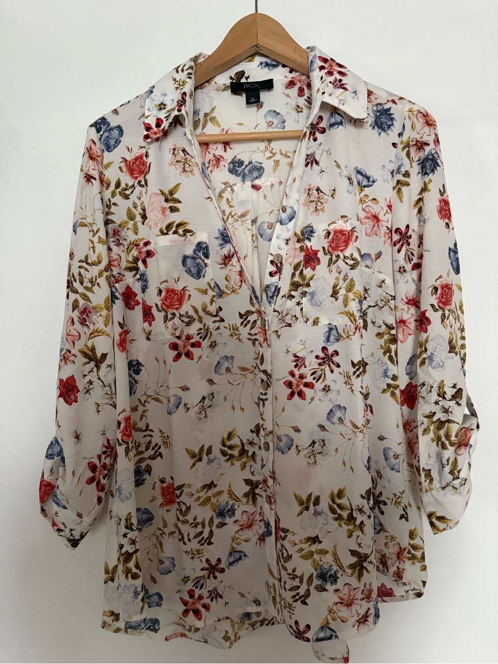 BCX Ivory Button-Down Floral Blouse with Red & Blue Flowers
